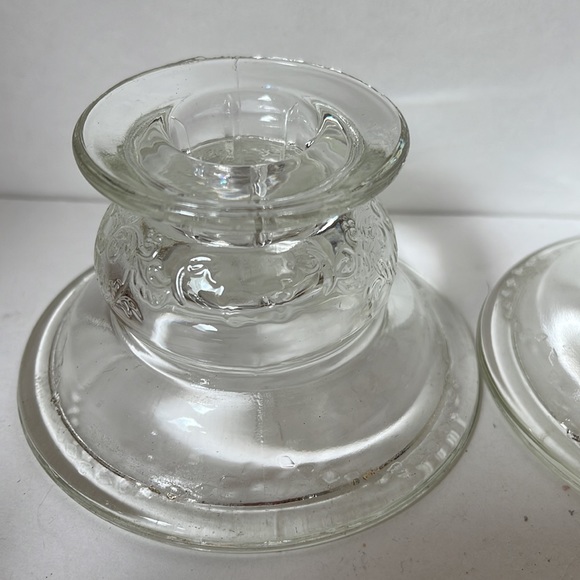 Vintage 1980 Madrid candleholders set of 2 pressed glass scroll floral design - Picture 2 of 10